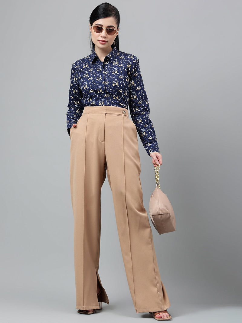 Navy Blue Floral Print Long Sleeve Shirt
