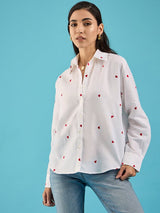 White Heart-Print Button-Down Shirt