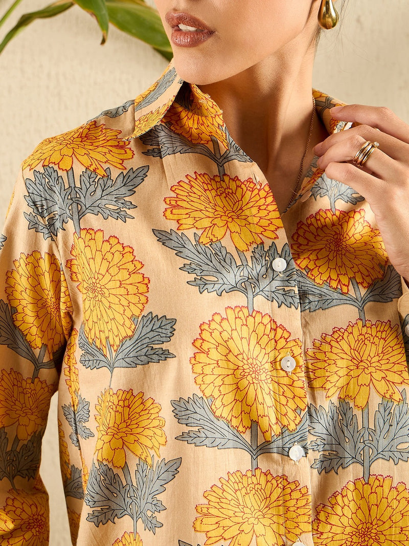 Floral Handblock Print Cotton Shirt