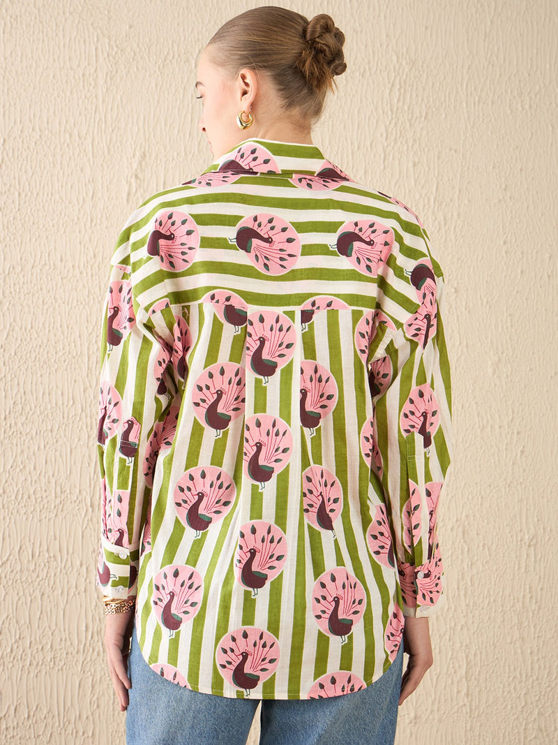 Green & Pink Peacock Print Cotton Shirt