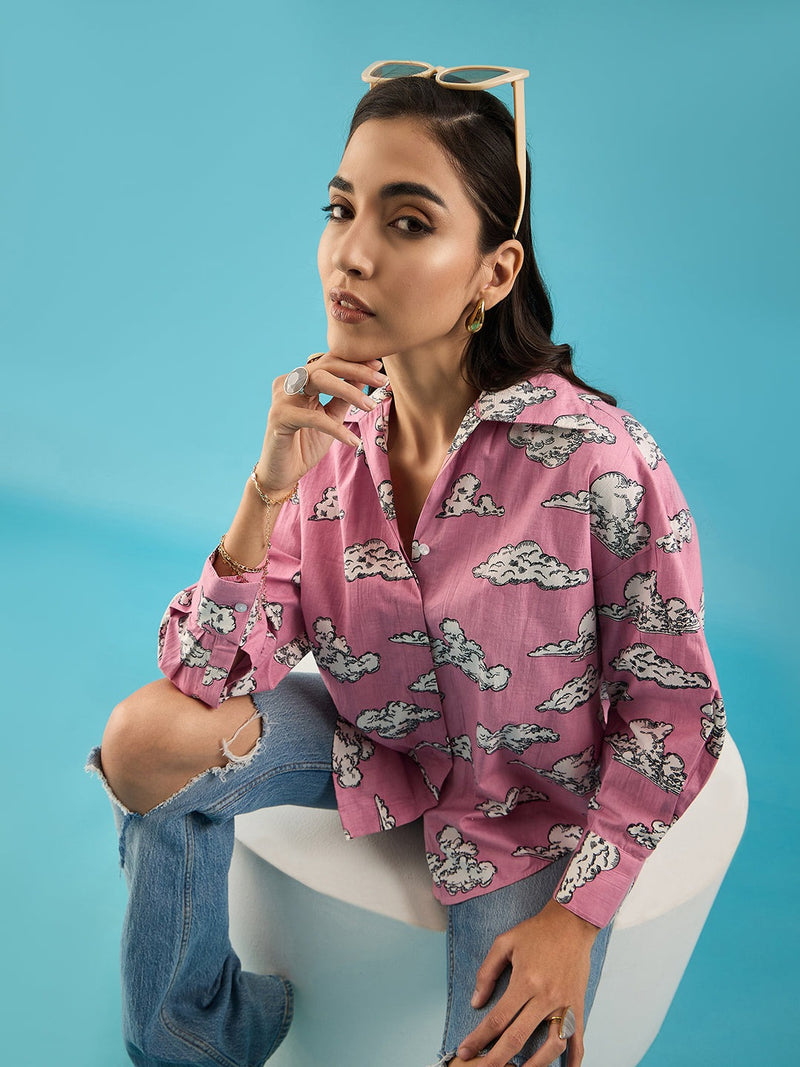 Pink Cloud-Print Button-Down Shirt