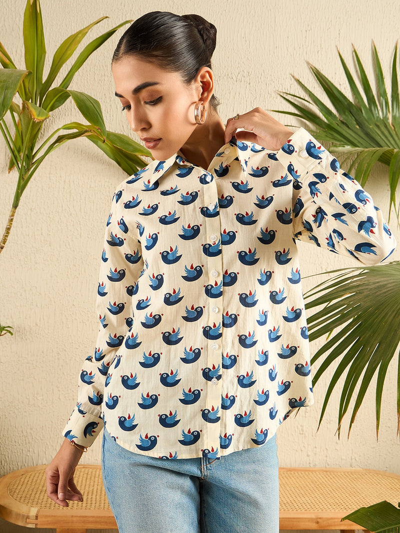 Beige & Blue Bird Print Button-Down Shirt