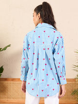 Blue Striped Heart-Print Shirt