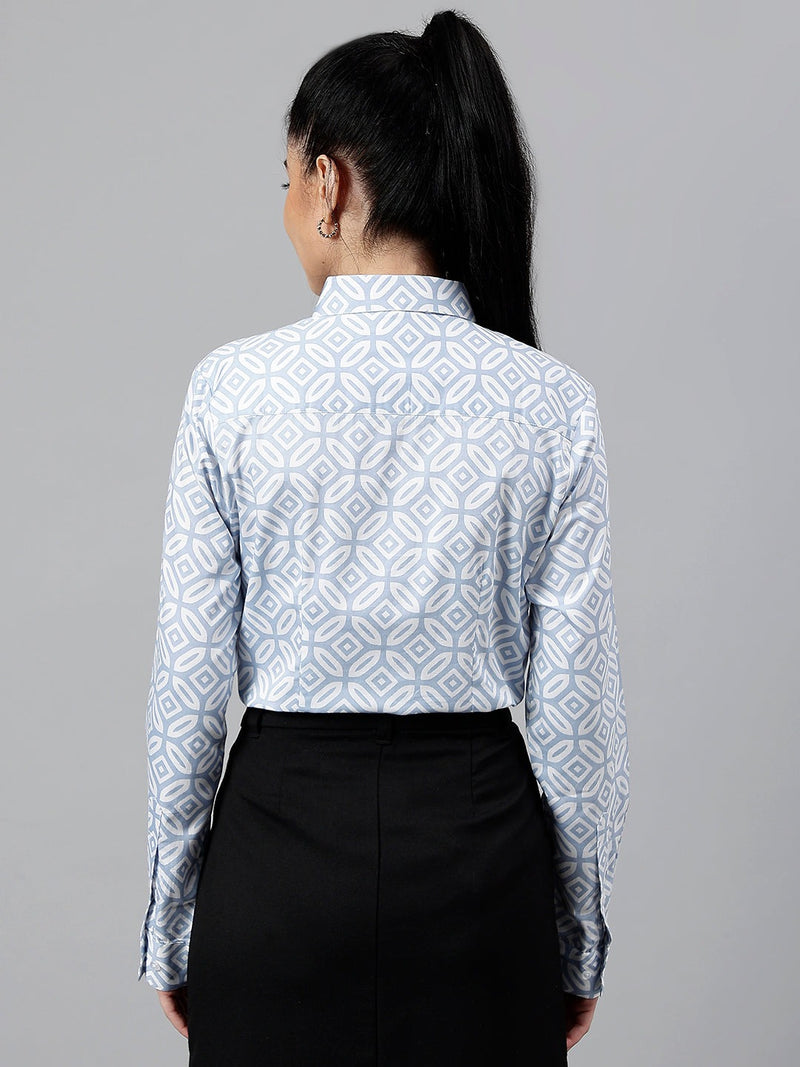 Light Blue & White Geometric Print Formal Shirt