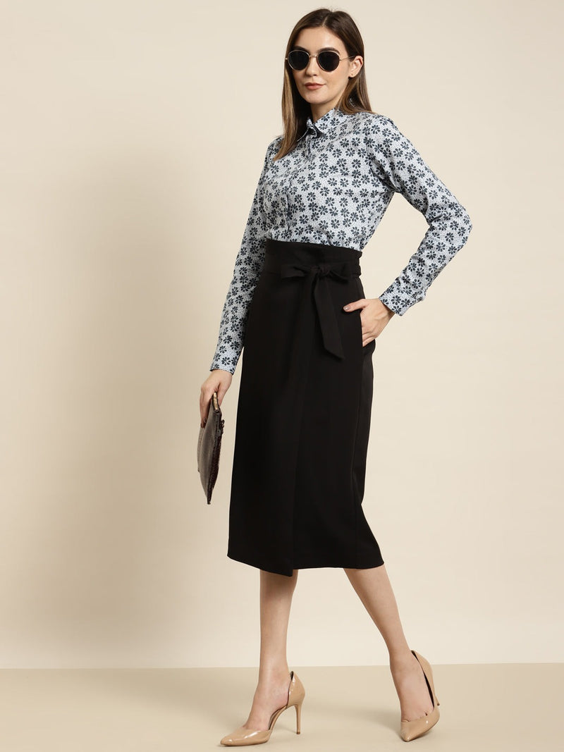 White & Navy Blue Floral Printed Cotton Shirt