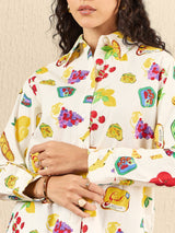 Colorful Fruit & Veggie Print Button-Up Shirt