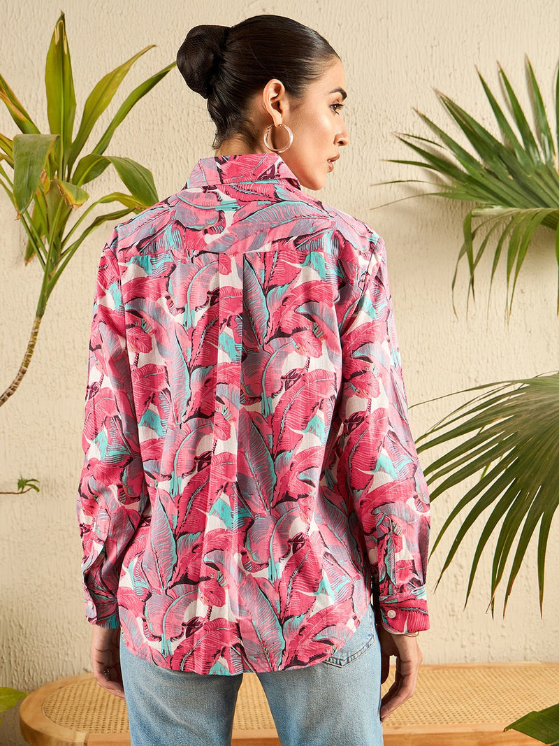 Tropical Print Pink Cotton Shirt