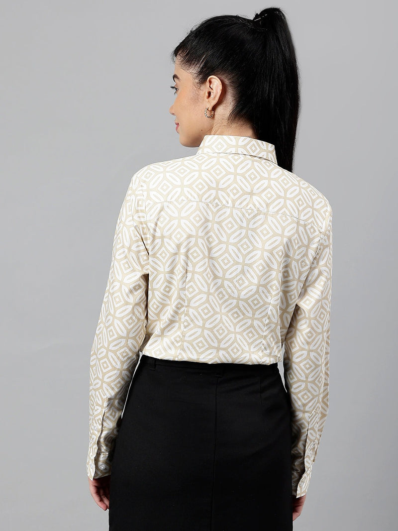 Beige & White Geometric Print Formal Shirt