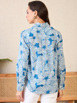 Cool Blue Floral Burst Print Button-Up Shirt