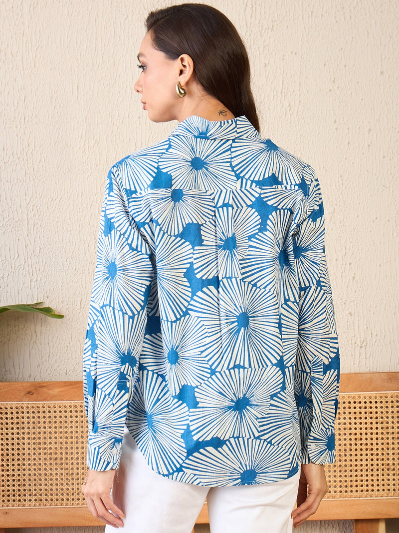 Cool Blue Floral Burst Print Button-Up Shirt
