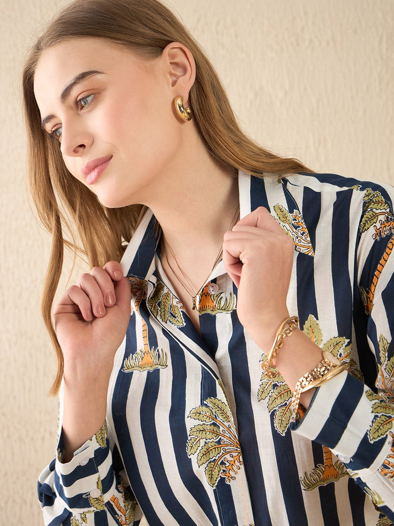 Striped Palm Tree Printed Shirt