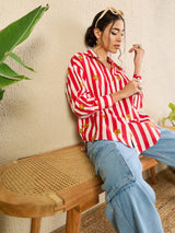 Red Striped Floral Button-Down Shirt