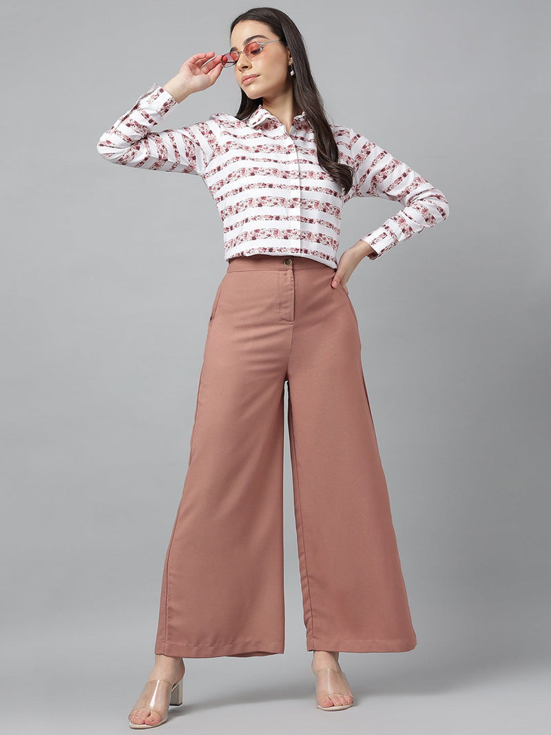 Chic White & Rose Striped Floral Print Button-Up Shirt