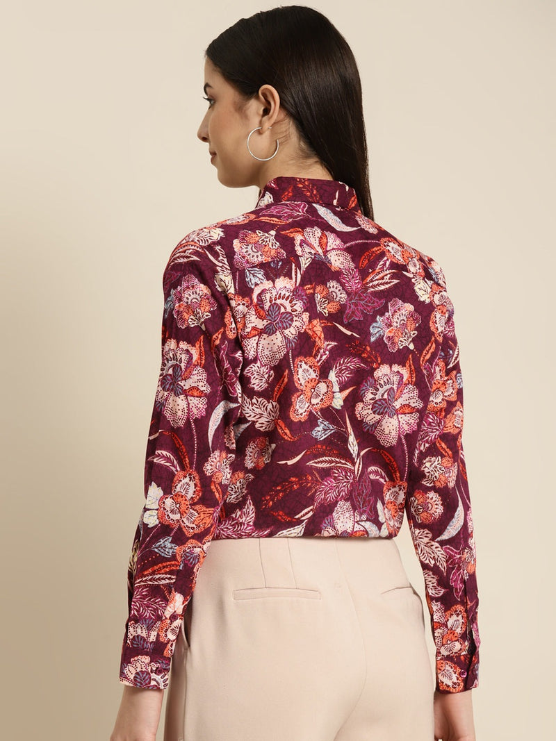 Maroon & Multicolor Floral Printed Long Sleeve Shirt