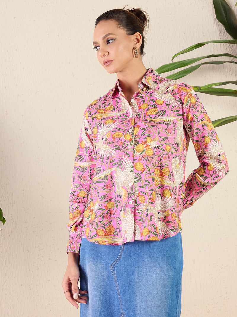 Pink Tropical Bloom Print Shirt