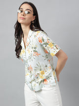 Fresh Mint Green Tropical Floral Print Half Sleeve Shirt