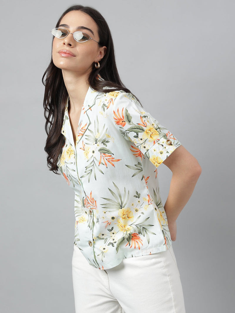 Fresh Mint Green Tropical Floral Print Half Sleeve Shirt