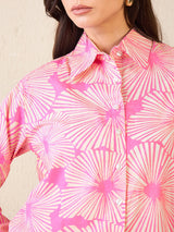 Bright Pink Floral Burst Print Button-Up Shirt