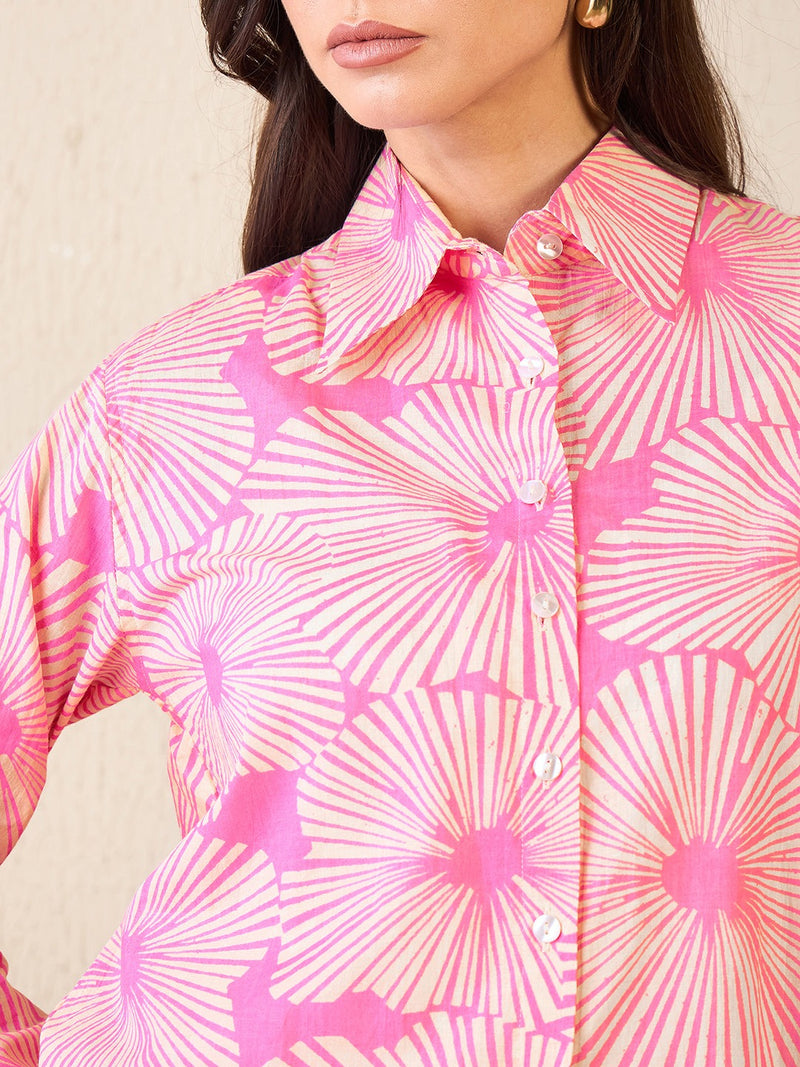 Bright Pink Floral Burst Print Button-Up Shirt