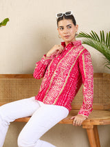 Vibrant Pink & Beige Tie-Dye Inspired Printed Button-Up Shirt