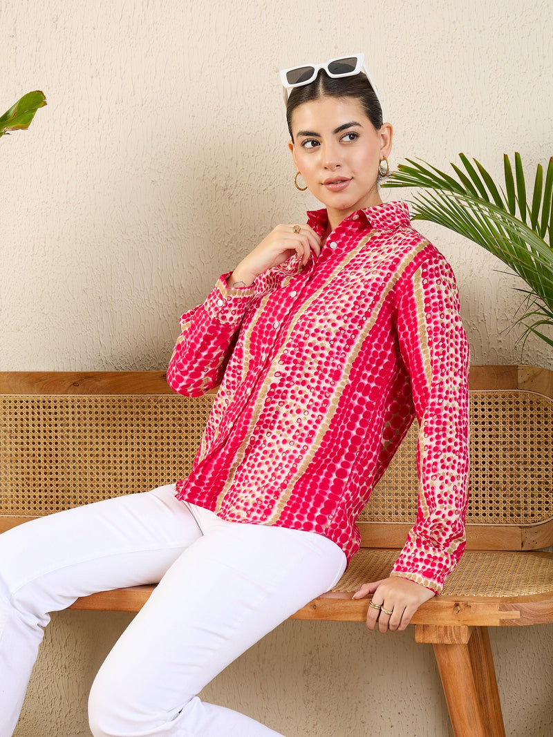 Vibrant Pink & Beige Tie-Dye Inspired Printed Button-Up Shirt