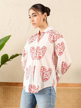 Red Heart Print White Cotton Shirt