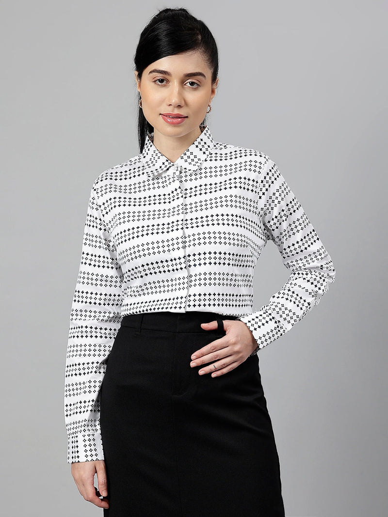 White & Black Geometric Striped Formal Shirt
