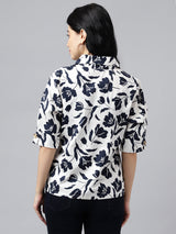 Classic Black & White Floral Print Half Sleeve Button-Up Shirt