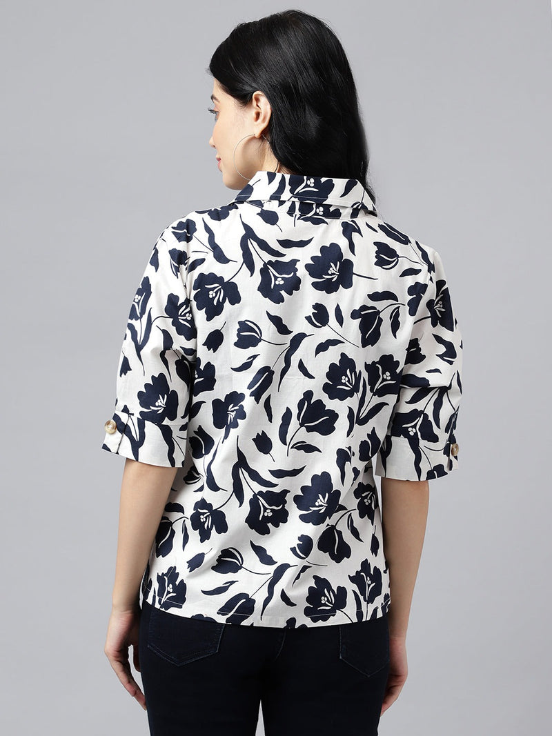 Classic Black & White Floral Print Half Sleeve Button-Up Shirt