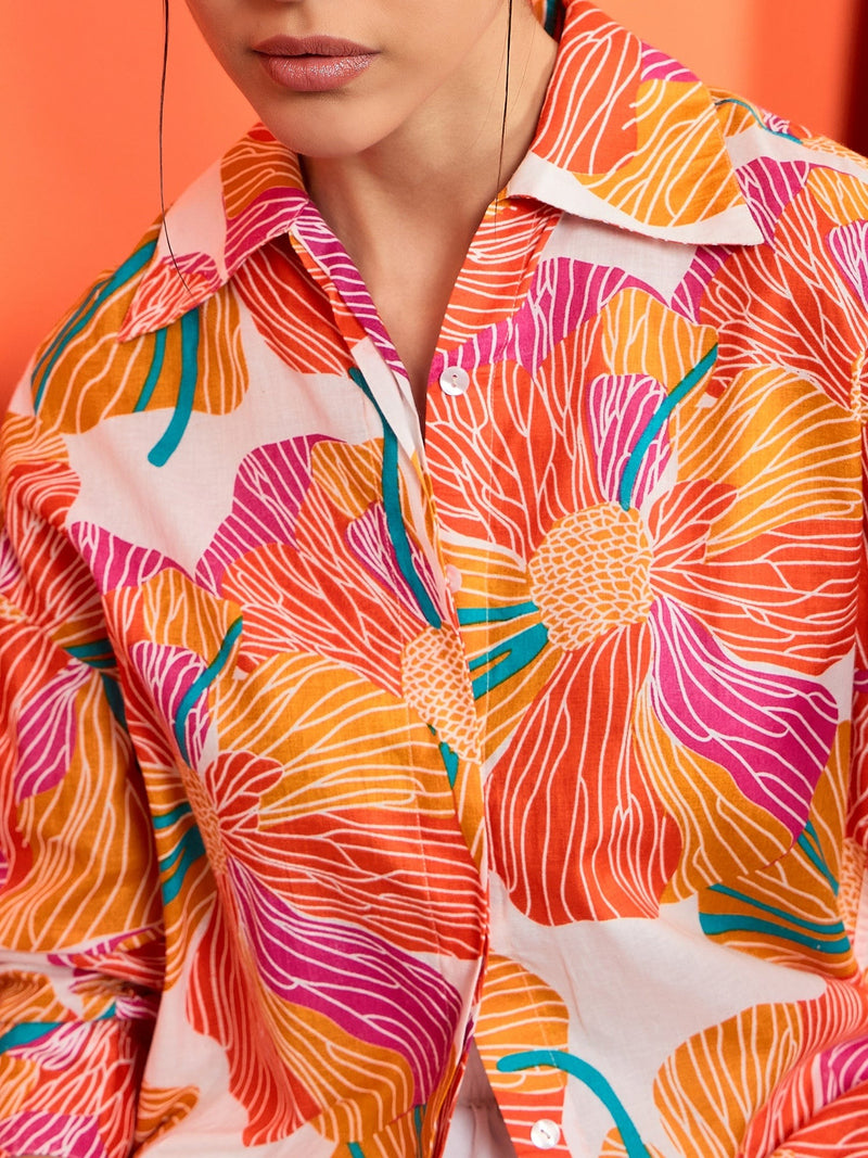 Bold Orange Floral Print Cotton Shirt