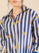 Navy Striped Floral Button-Down Shirt