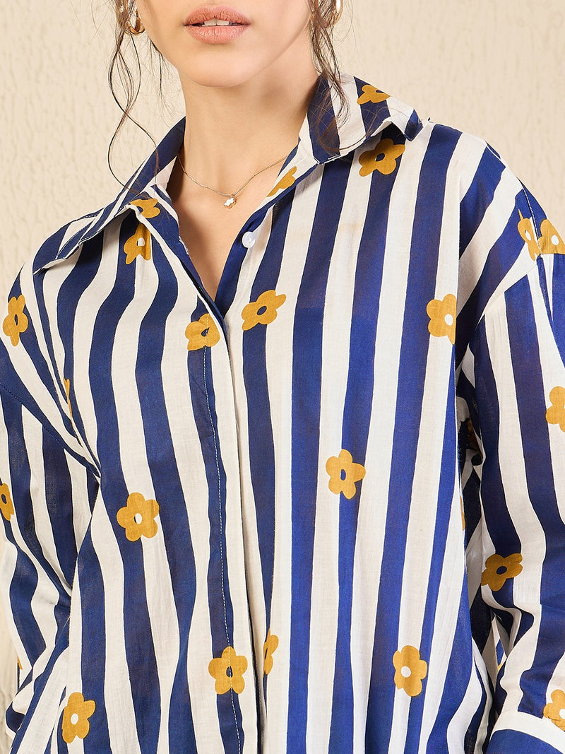 Navy Striped Floral Button-Down Shirt