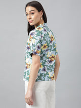 Sky Blue Floral Printed Short Sleeve Shirt