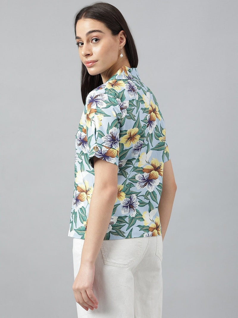 Sky Blue Floral Printed Short Sleeve Shirt