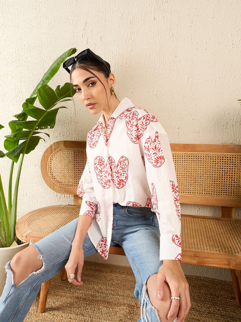Red Heart Print White Cotton Shirt