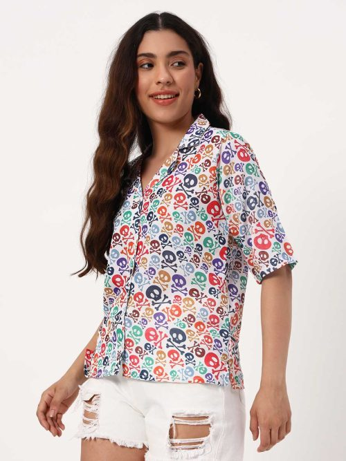 White Shirt with Multicolor Skull Print & Half Sleeves