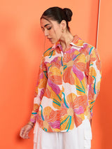 Bold Orange Floral Print Cotton Shirt