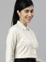 Beige & White Geometric Print Formal Shirt