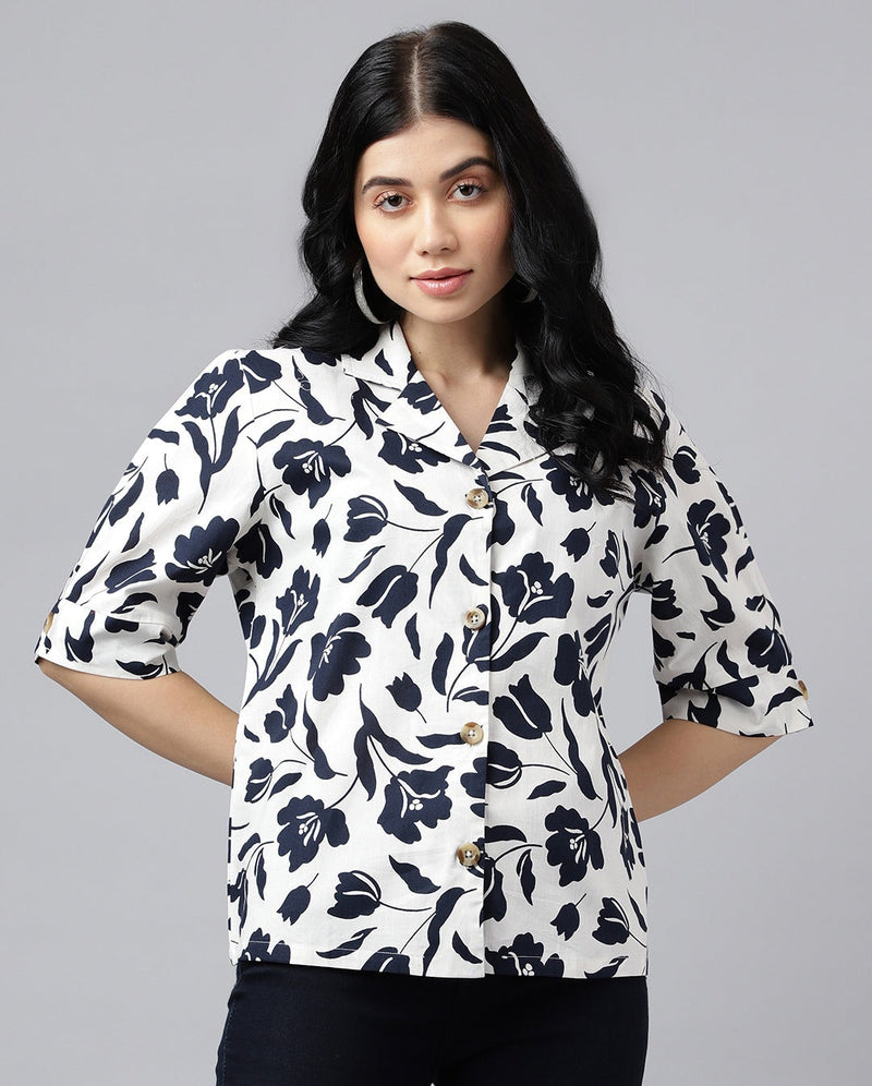 Classic Black & White Floral Print Half Sleeve Button-Up Shirt