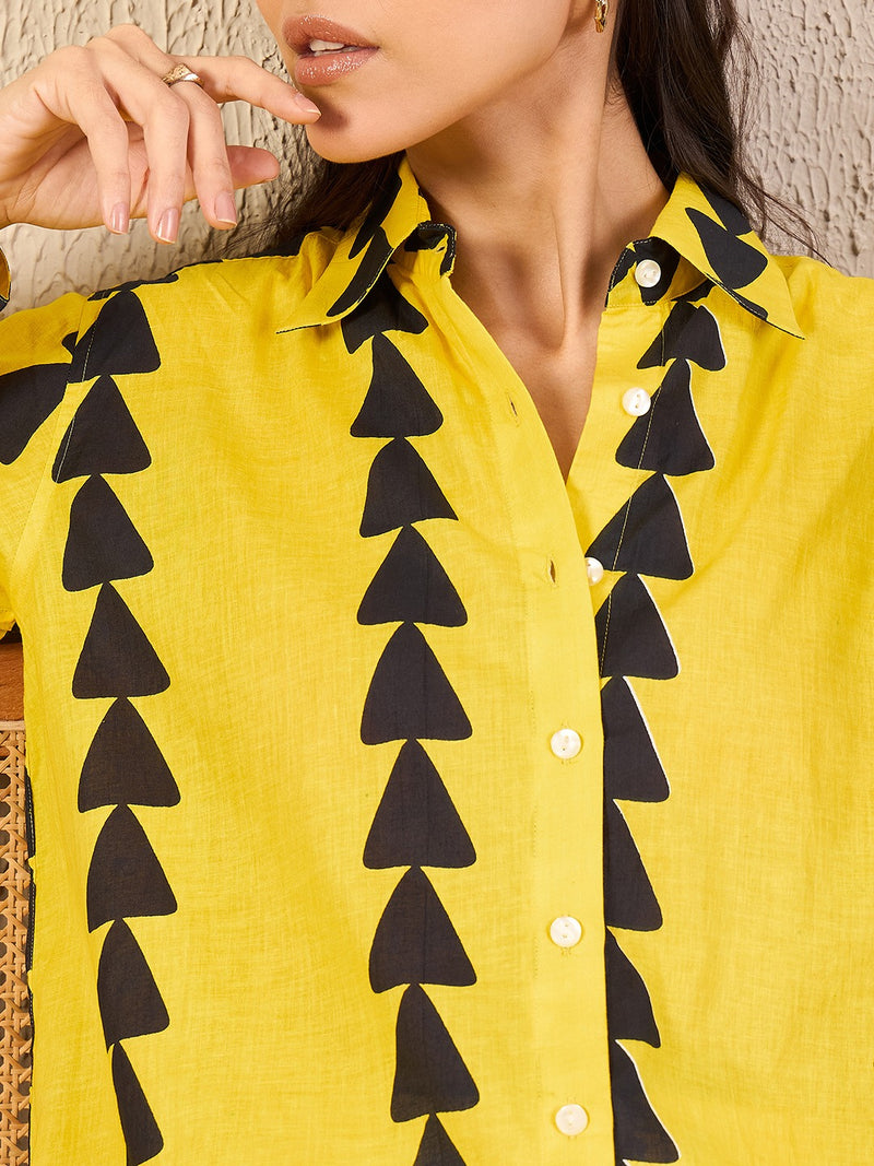 Bold Yellow & Black Geometric Print Button-Up Shirt