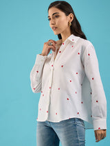 White Heart-Print Button-Down Shirt