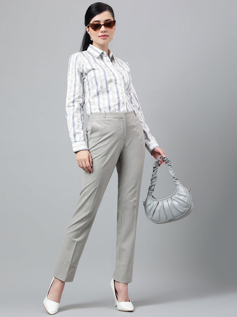 White & Grey Vertical Striped Long Sleeve Shirt