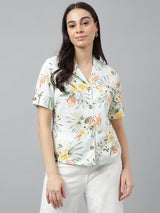 Fresh Mint Green Tropical Floral Print Half Sleeve Shirt