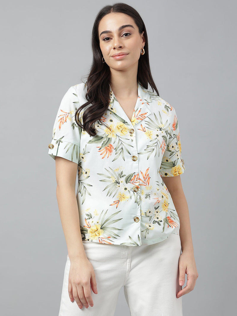 Fresh Mint Green Tropical Floral Print Half Sleeve Shirt