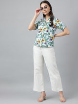 Sky Blue Floral Printed Short Sleeve Shirt