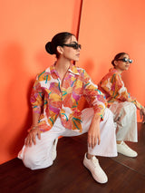 Bold Orange Floral Print Cotton Shirt
