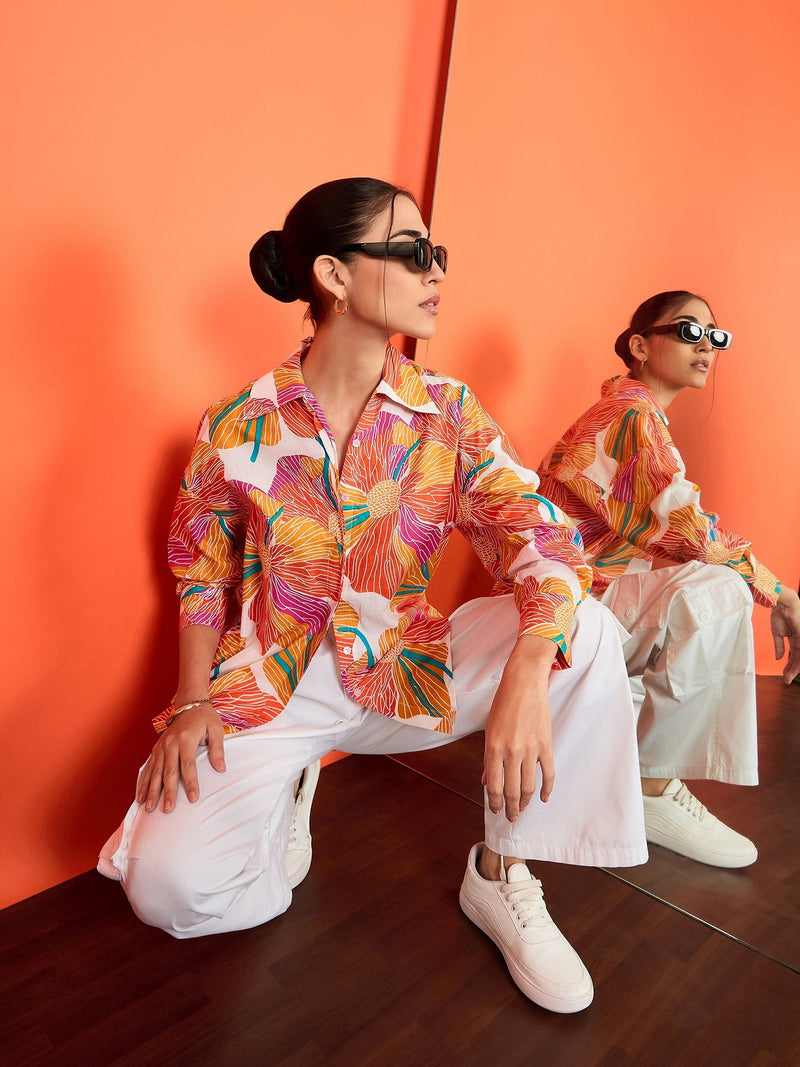 Bold Orange Floral Print Cotton Shirt