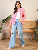 Bright Pink Floral Burst Print Button-Up Shirt