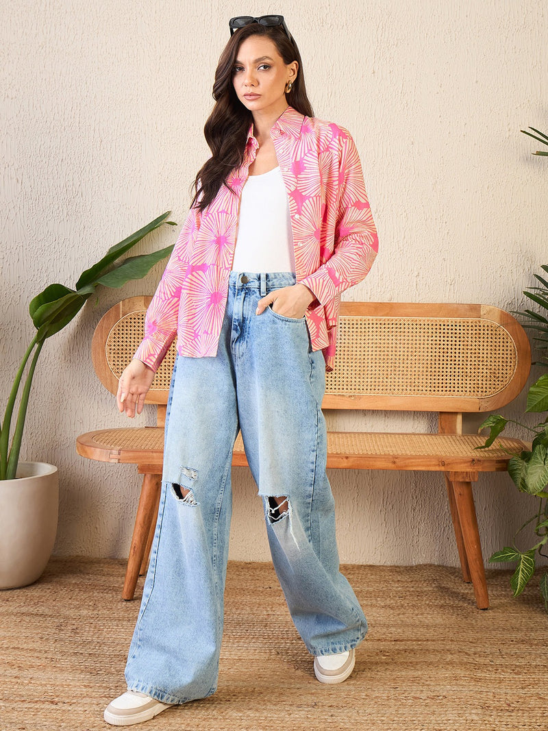 Bright Pink Floral Burst Print Button-Up Shirt