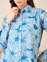 Cool Blue Floral Burst Print Button-Up Shirt
